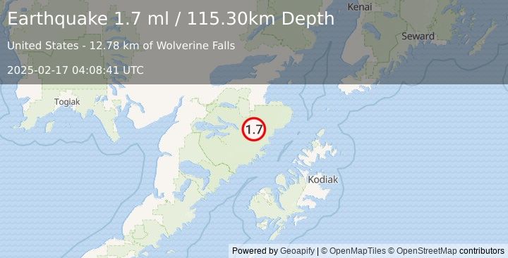 Earthquake 92 km S of Kokhanok, Alaska (1.7 ml) (2025-02-17 04:08:41 UTC)