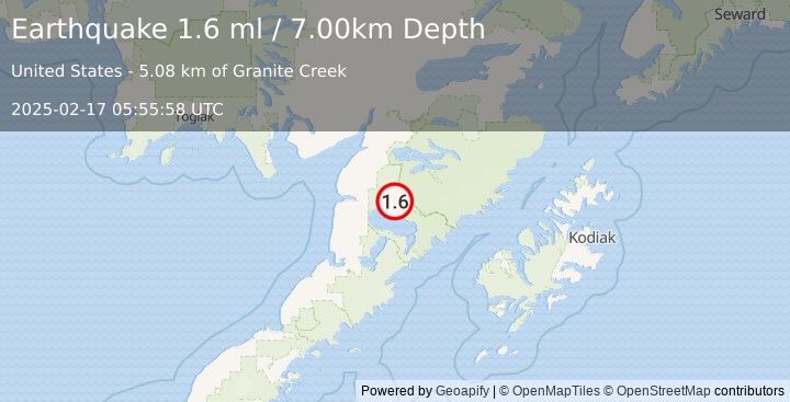 Earthquake 59 km SSE of King Salmon, Alaska (1.6 ml) (2025-02-17 05:55:58 UTC)