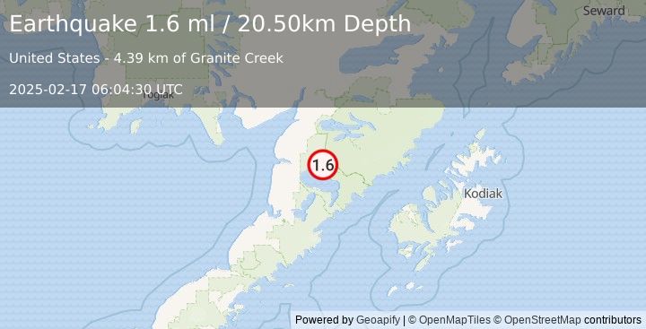 Earthquake 61 km SSE of King Salmon, Alaska (1.6 ml) (2025-02-17 06:04:30 UTC)