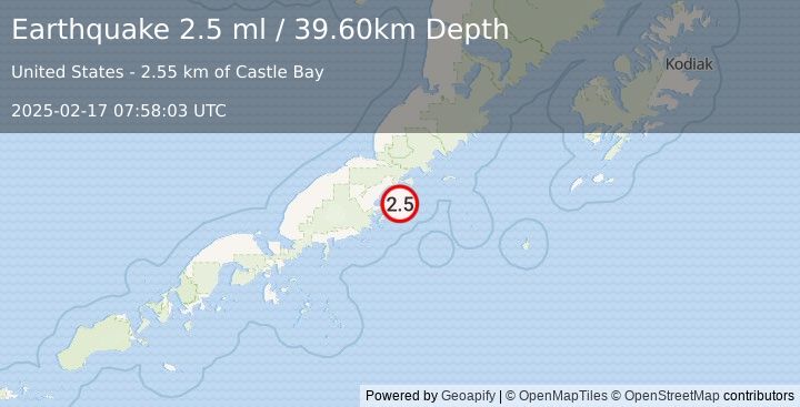 Earthquake 17 km E of Chignik, Alaska (2.5 ml) (2025-02-17 07:58:03 UTC)