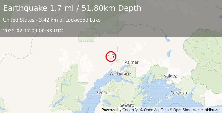 Earthquake 27 km N of Susitna, Alaska (1.7 ml) (2025-02-17 09:00:38 UTC)