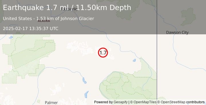 Earthquake 39 km SW of Dry Creek, Alaska (1.7 ml) (2025-02-17 13:35:37 UTC)