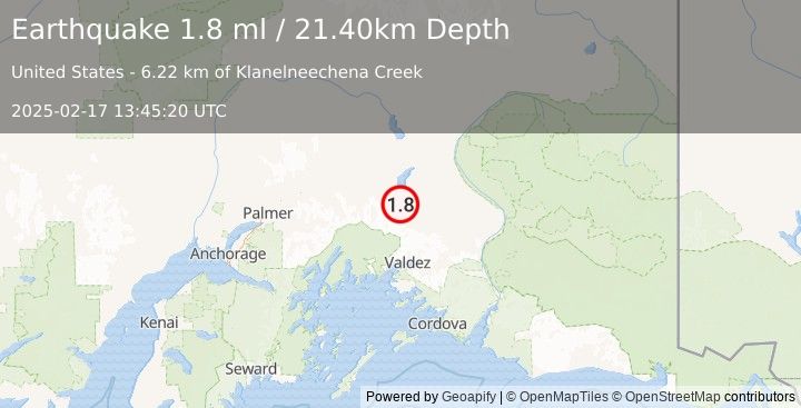 Earthquake 37 km SSE of Nelchina, Alaska (1.8 ml) (2025-02-17 13:45:20 UTC)