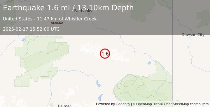 Earthquake 43 km NNW of Paxson, Alaska (1.6 ml) (2025-02-17 15:52:00 UTC)