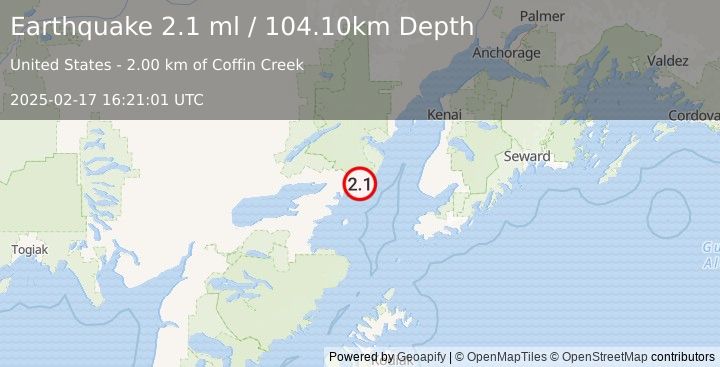 Earthquake 55 km E of Pedro Bay, Alaska (2.1 ml) (2025-02-17 16:21:01 UTC)