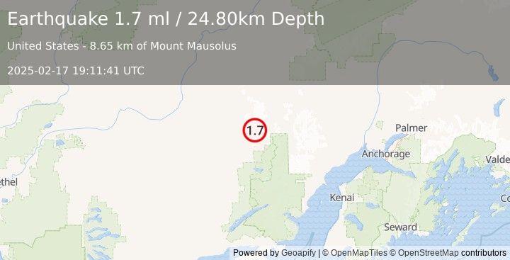 Earthquake 82 km ENE of Lime Village, Alaska (1.7 ml) (2025-02-17 19:11:41 UTC)