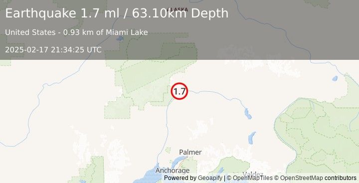 Earthquake 51 km NNE of Chase, Alaska (1.7 ml) (2025-02-17 21:34:25 UTC)