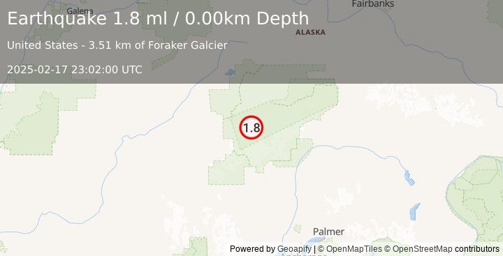 Earthquake 48 km S of Denali National Park, Alaska (1.8 ml) (2025-02-17 23:02:00 UTC)