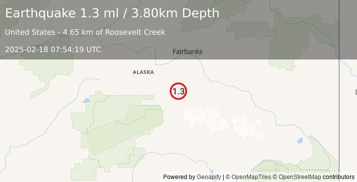 Earthquake 48 km ENE of Healy, Alaska (1.3 ml) (2025-02-18 07:54:19 UTC)