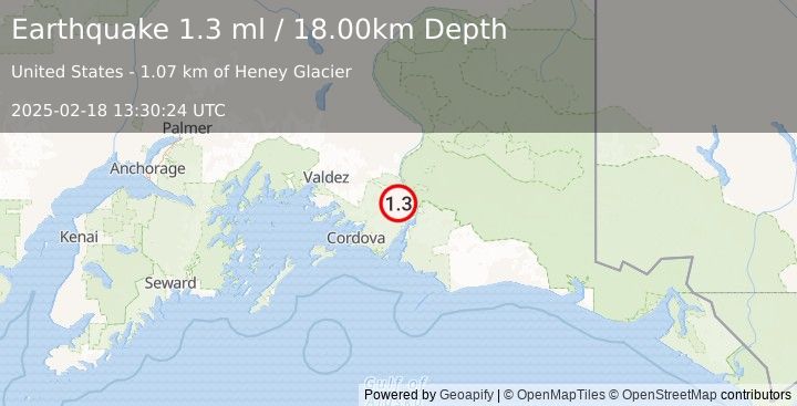 Earthquake 59 km NE of Cordova, Alaska (1.3 ml) (2025-02-18 13:30:24 UTC)