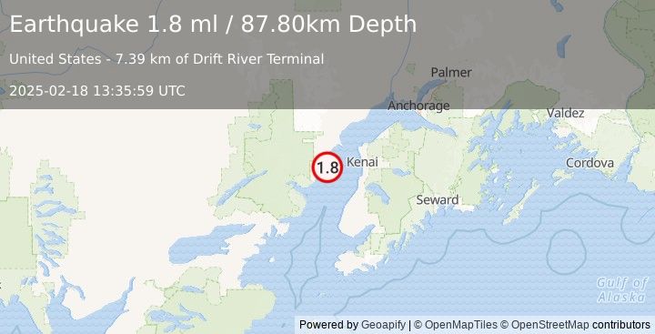 Earthquake 44 km WSW of Salamatof, Alaska (1.8 ml) (2025-02-18 13:35:59 UTC)