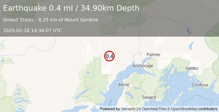 Earthquake 68 km SW of Skwentna, Alaska (0.4 ml) (2025-02-18 14:34:07 UTC)