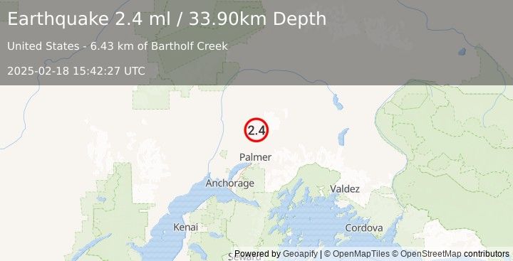 Earthquake 28 km NNE of Fishhook, Alaska (2.4 ml) (2025-02-18 15:42:27 UTC)