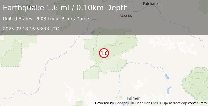 Earthquake 43 km SSE of Denali National Park, Alaska (1.6 ml) (2025-02-18 16:58:38 UTC)