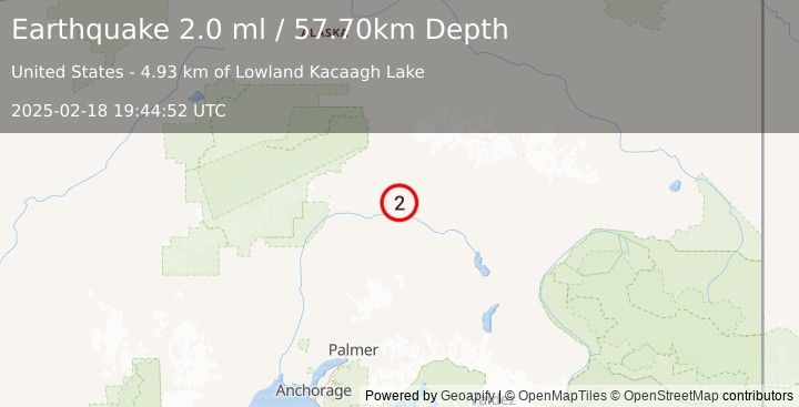 Earthquake 62 km SE of Cantwell, Alaska (2.0 ml) (2025-02-18 19:44:52 UTC)