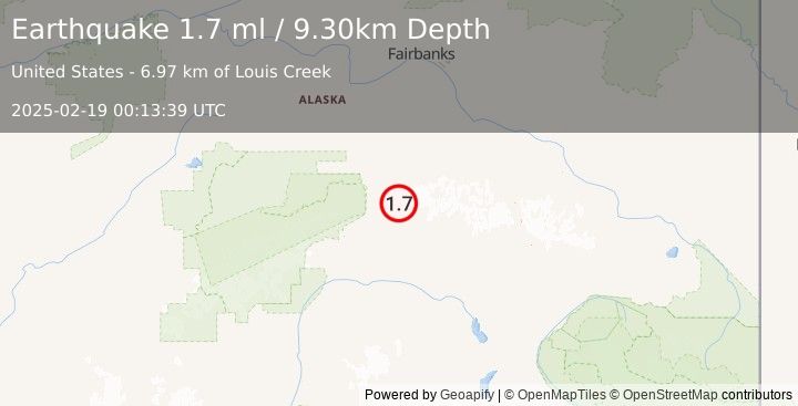 Earthquake 42 km ENE of Cantwell, Alaska (1.7 ml) (2025-02-19 00:13:39 UTC)