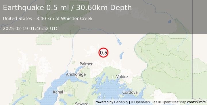 Earthquake 23 km NNW of Glacier View, Alaska (0.5 ml) (2025-02-19 01:46:52 UTC)