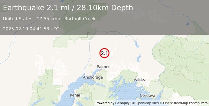 Earthquake 36 km NNW of Sutton-Alpine, Alaska (2.1 ml) (2025-02-19 04:41:58 UTC)