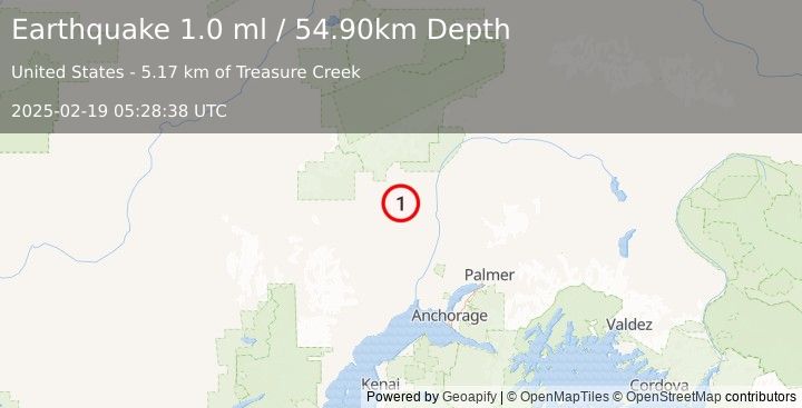 Earthquake 27 km S of Petersville, Alaska (1.0 ml) (2025-02-19 05:28:38 UTC)