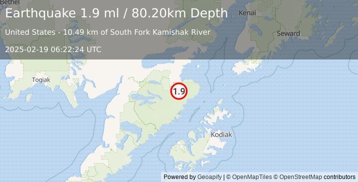 Earthquake 76 km SSE of Kokhanok, Alaska (1.9 ml) (2025-02-19 06:22:24 UTC)