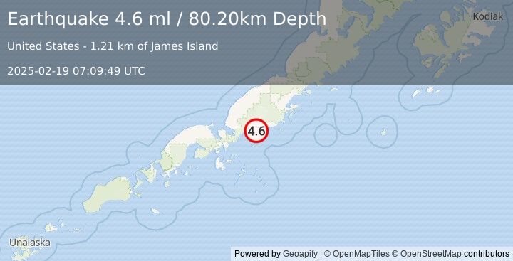 Earthquake 6 km SW of Ivanof Bay, Alaska (4.6 ml) (2025-02-19 07:09:49 UTC)