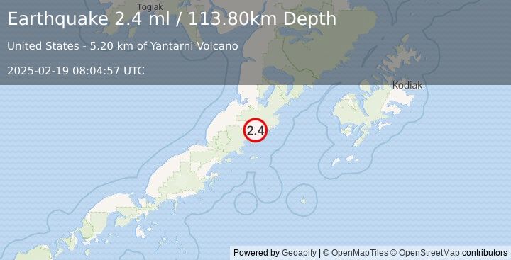 Earthquake 55 km SSE of Ugashik, Alaska (2.4 ml) (2025-02-19 08:04:57 UTC)