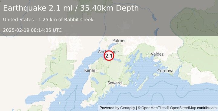 Earthquake 16 km S of Anchorage, Alaska (2.1 ml) (2025-02-19 08:14:35 UTC)