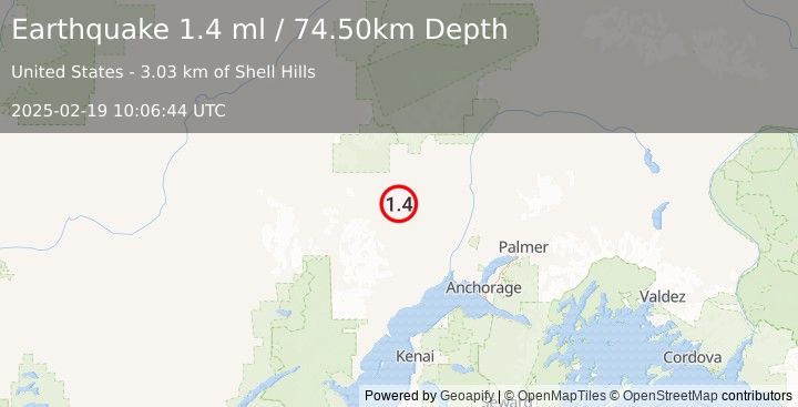 Earthquake 9 km W of Skwentna, Alaska (1.4 ml) (2025-02-19 10:06:44 UTC)