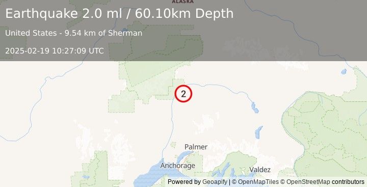 Earthquake 34 km NE of Chase, Alaska (2.0 ml) (2025-02-19 10:27:09 UTC)