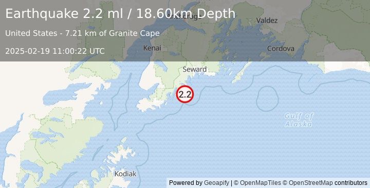 Earthquake 61 km SSW of Lowell Point, Alaska (2.2 ml) (2025-02-19 11:00:22 UTC)