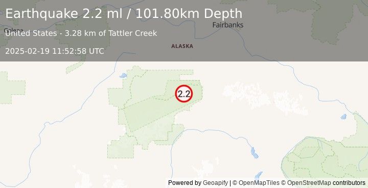 Earthquake 36 km WNW of Cantwell, Alaska (2.2 ml) (2025-02-19 11:52:58 UTC)