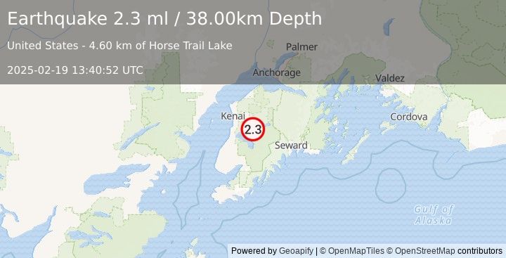 Earthquake 18 km SSE of Funny River, Alaska (2.3 ml) (2025-02-19 13:40:52 UTC)