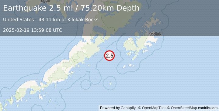 Earthquake 91 km W of Akhiok, Alaska (2.5 ml) (2025-02-19 13:59:08 UTC)