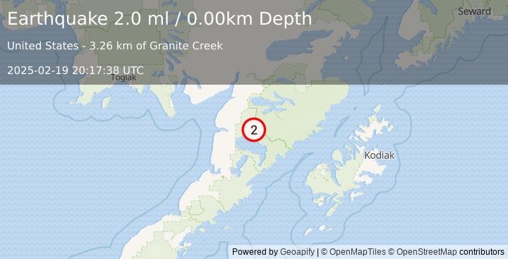 Earthquake 57 km SSE of King Salmon, Alaska (2.0 ml) (2025-02-19 20:17:38 UTC)