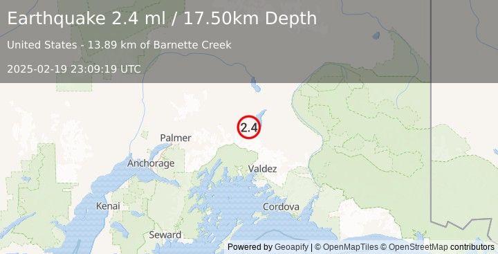 Earthquake 25 km S of Nelchina, Alaska (2.4 ml) (2025-02-19 23:09:19 UTC)