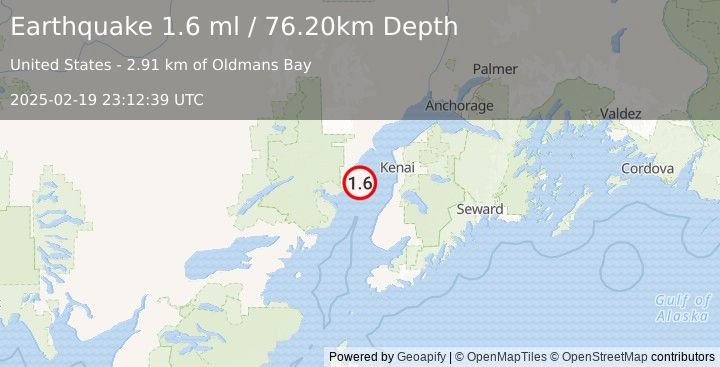 Earthquake 41 km WNW of Clam Gulch, Alaska (1.6 ml) (2025-02-19 23:12:39 UTC)