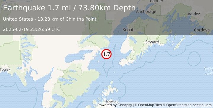 Earthquake 58 km WSW of Anchor Point, Alaska (1.7 ml) (2025-02-19 23:26:59 UTC)