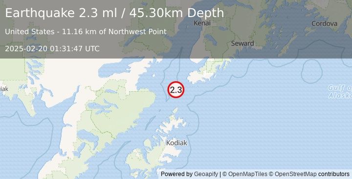 Earthquake 45 km SW of Nanwalek, Alaska (2.3 ml) (2025-02-20 01:31:47 UTC)