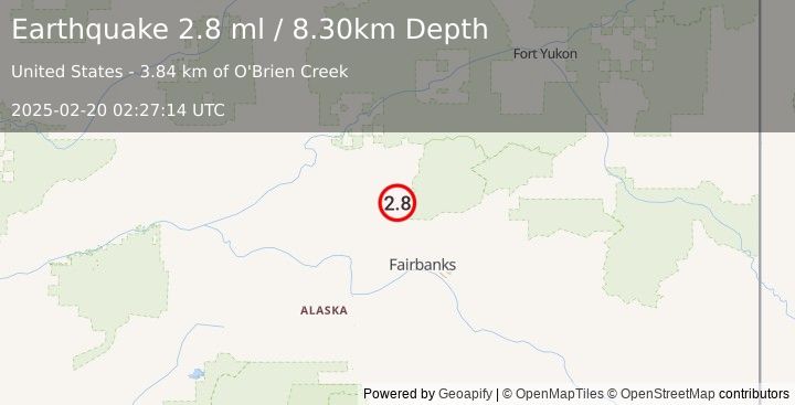 Earthquake 24 km SE of Livengood, Alaska (2.8 ml) (2025-02-20 02:27:14 UTC)