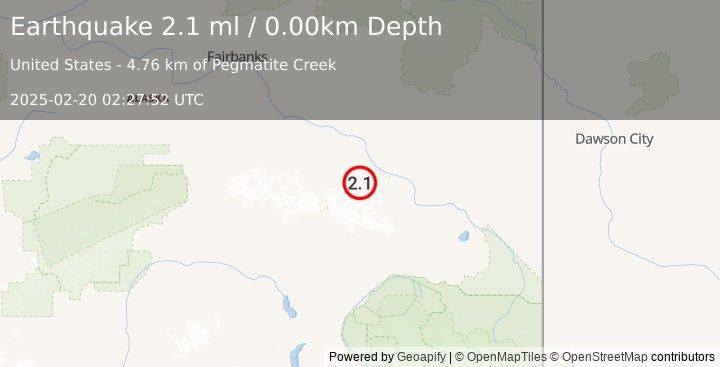 Earthquake 17 km W of Dry Creek, Alaska (2.1 ml) (2025-02-20 02:27:52 UTC)