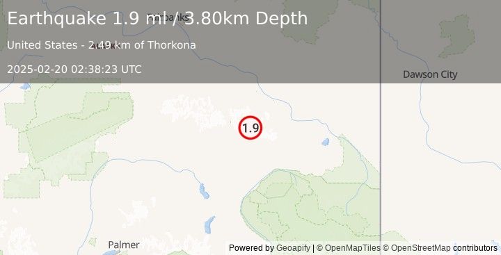 Earthquake 35 km NE of Paxson, Alaska (1.9 ml) (2025-02-20 02:38:23 UTC)