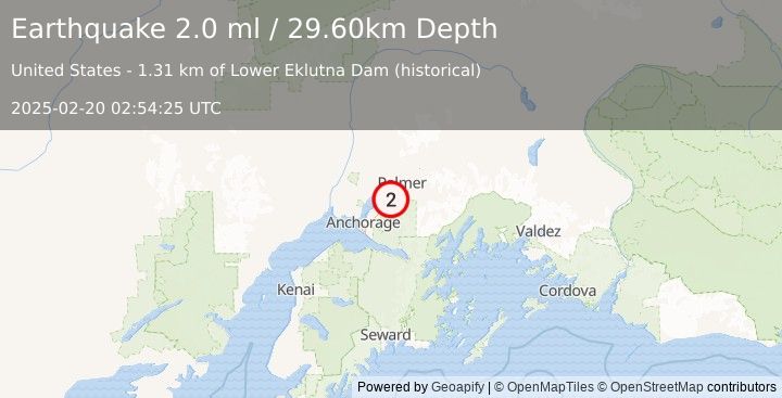 Earthquake 15 km SSW of Gateway, Alaska (2.0 ml) (2025-02-20 02:54:25 UTC)