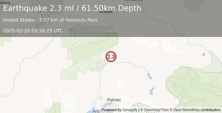 Earthquake 44 km SSW of Cantwell, Alaska (2.3 ml) (2025-02-20 03:18:25 UTC)