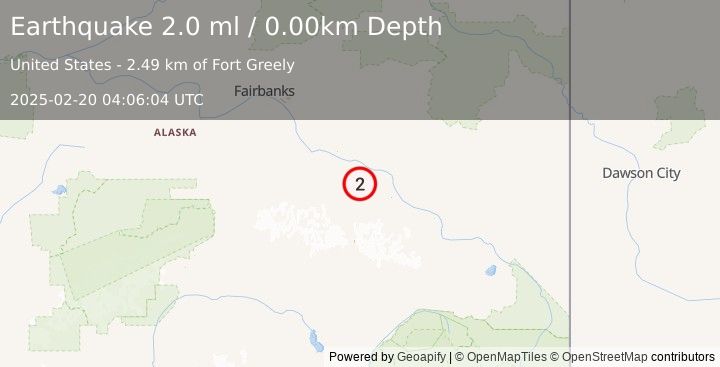 Earthquake 2 km NW of Fort Greely, Alaska (2.0 ml) (2025-02-20 04:06:04 UTC)