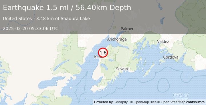 Earthquake 18 km E of Nikiski, Alaska (1.5 ml) (2025-02-20 05:33:06 UTC)