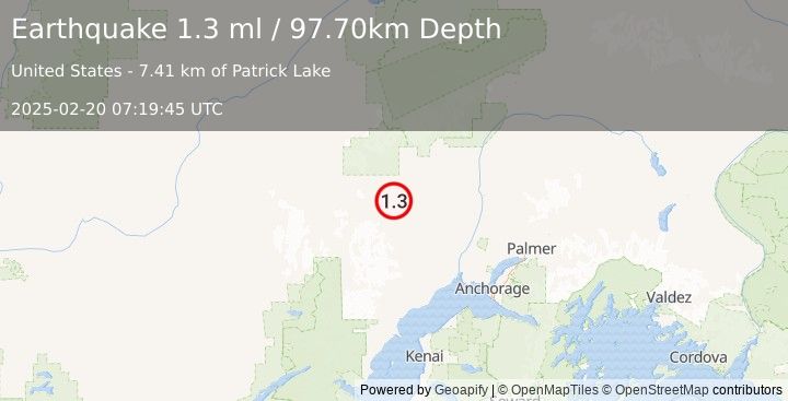 Earthquake 25 km WNW of Skwentna, Alaska (1.3 ml) (2025-02-20 07:19:45 UTC)