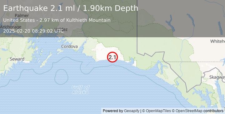 Earthquake 141 km S of McCarthy, Alaska (2.1 ml) (2025-02-20 08:29:02 UTC)