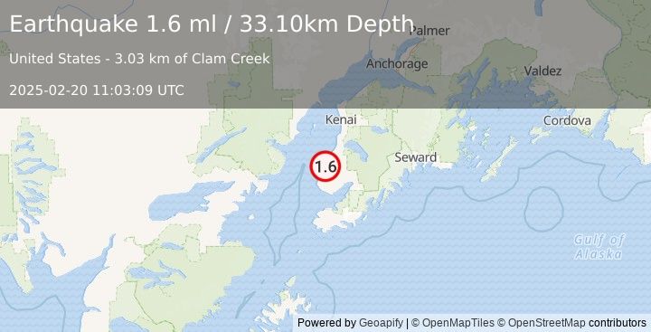 Earthquake 6 km SSE of Ninilchik, Alaska (1.6 ml) (2025-02-20 11:03:09 UTC)