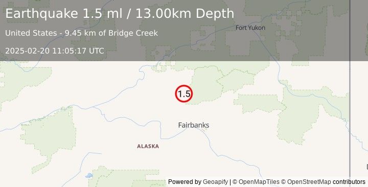 Earthquake 23 km SE of Livengood, Alaska (1.5 ml) (2025-02-20 11:05:17 UTC)