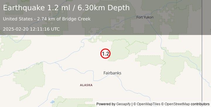 Earthquake 16 km ESE of Livengood, Alaska (1.2 ml) (2025-02-20 12:11:16 UTC)